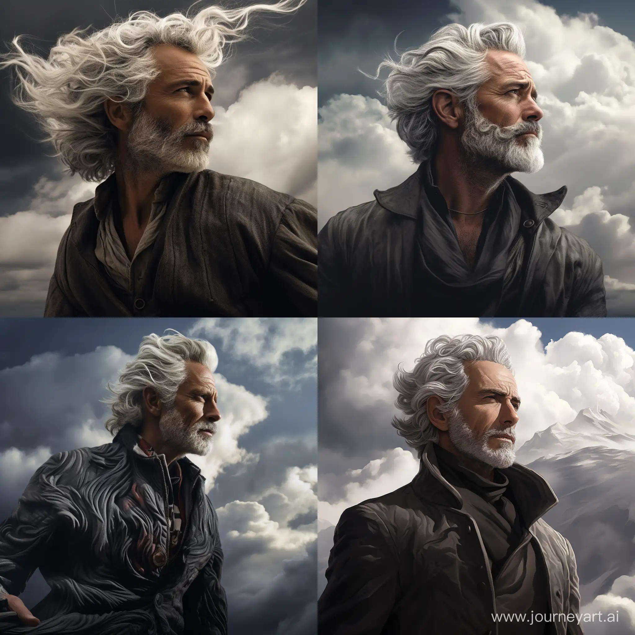 Элегантный, эпичный мужчина с седыми волосами, сращённый с ветром, смотрит влево вдаль на фоне облаков