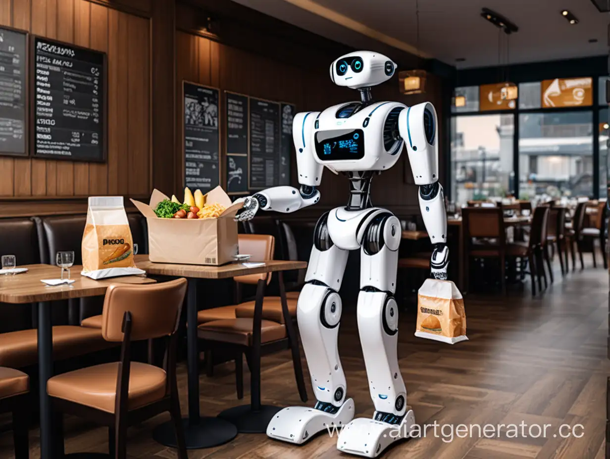 робот стоит с пакетами еды в ресторане