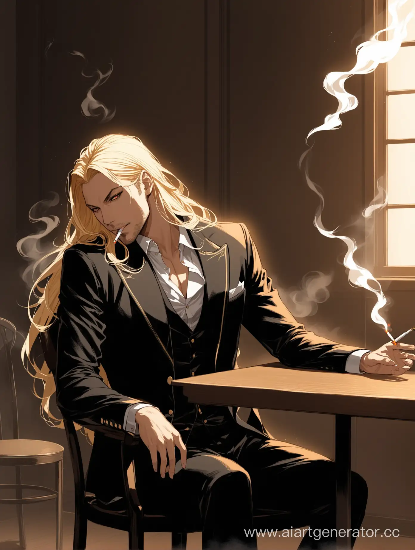 Lucifer is leaning against the table, his long blond hair blowing in the wind. And Vox is sitting on a chair smoking a cigarette