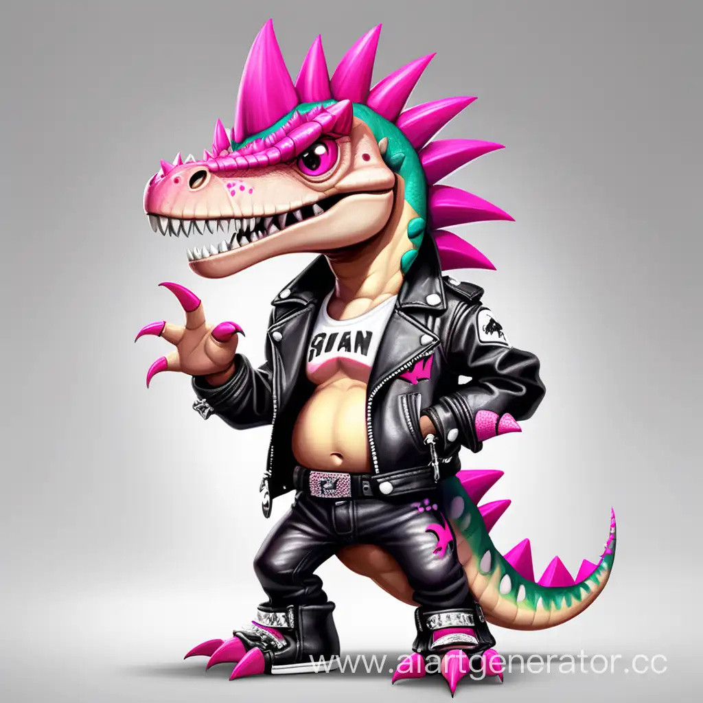 Mascot dinosaur punk with pink spikes in a full-length leather jacket and pierced eyebrows
