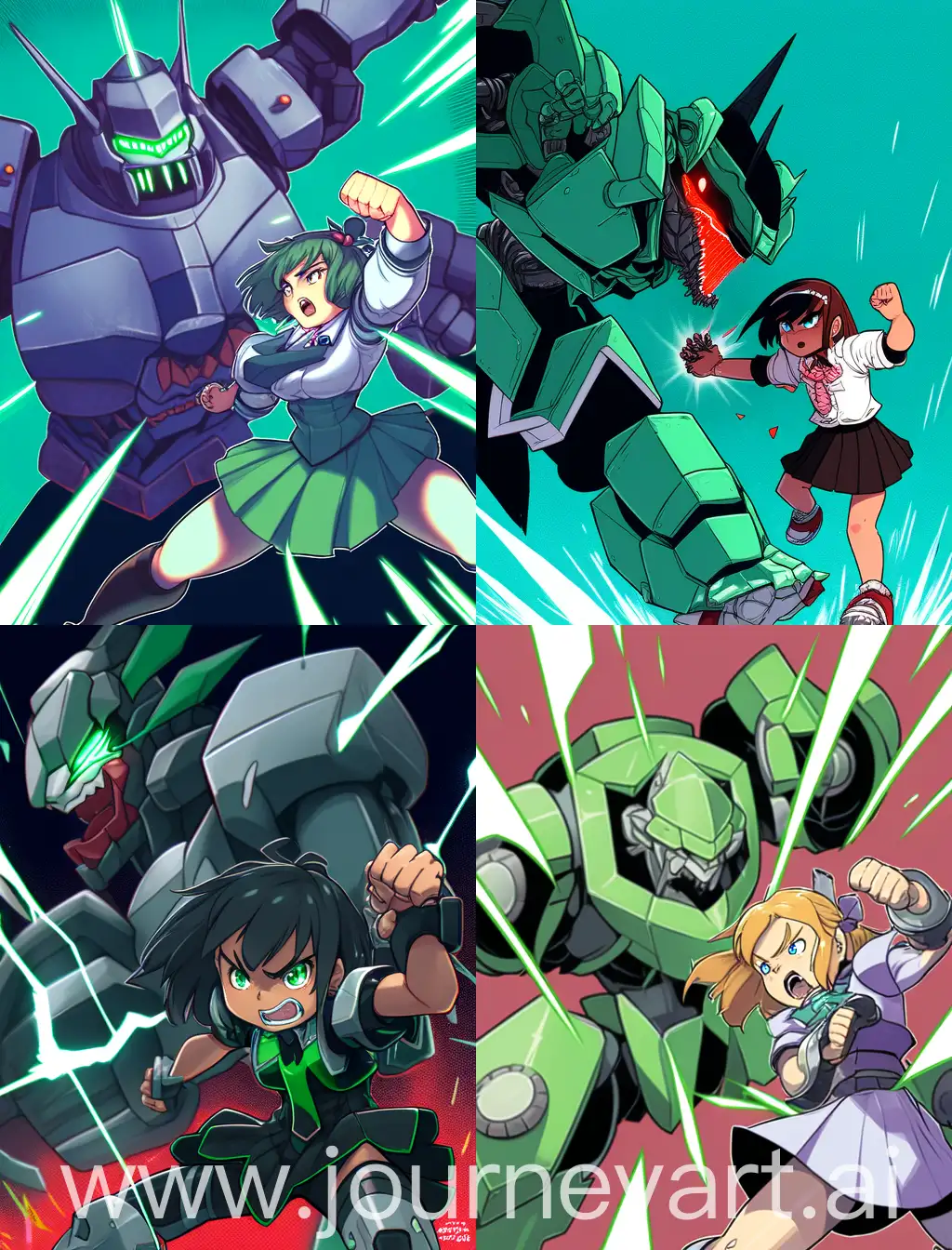 An angry girl, fighting a robot, green solid background 