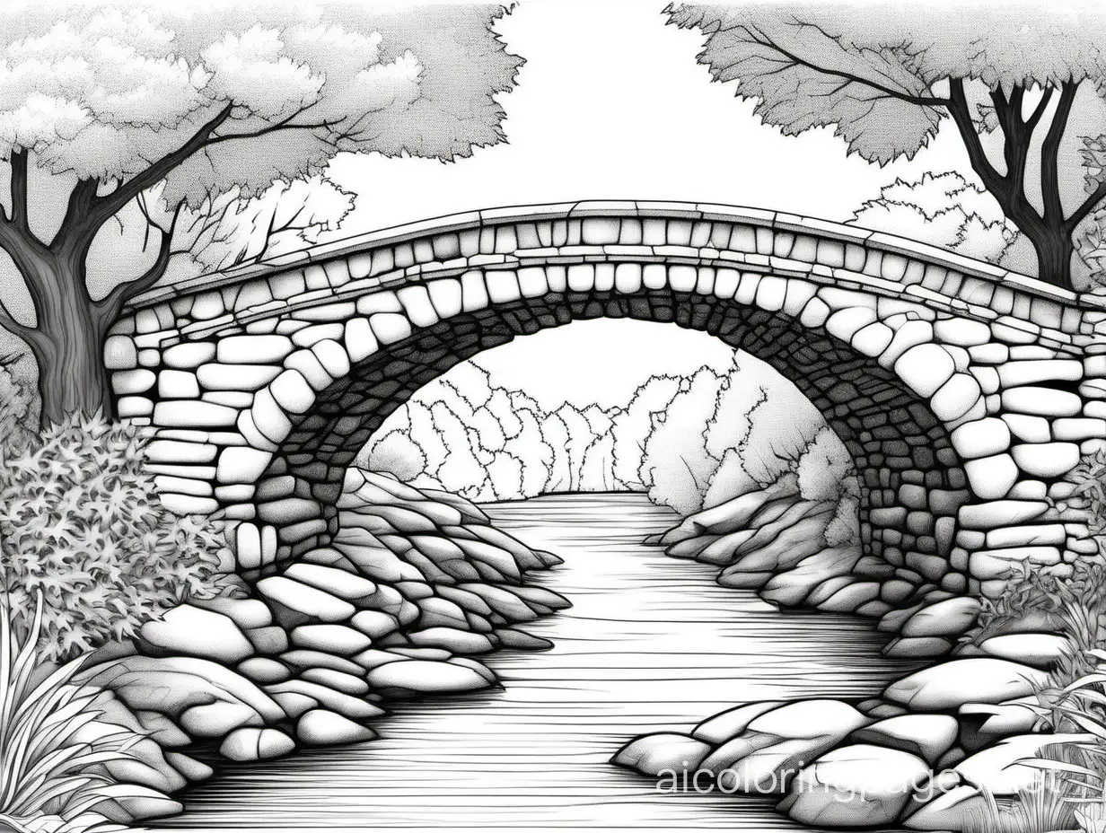 A beautiful stone bridge surrounded by colorful autumn trees and plants with a river beneath the bridge. In the style of Maxwell Parrish, fantasy beautiful high detail wallpaper colourful Luis Ricardo Falero, Coloring Page, black and white, line art, white background, Simplicity, Ample White Space. The background of the coloring page is plain white to make it easy for young children to color within the lines. The outlines of all the subjects are easy to distinguish, making it simple for kids to color without too much difficulty