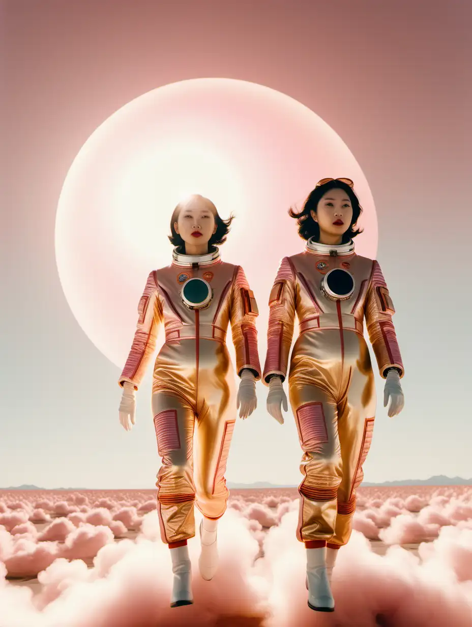two chinese women wearing haute couture space suits flying in front of the sun with jasmine, gold and pink, cinematic, wes anderson color palette, 35 mm
