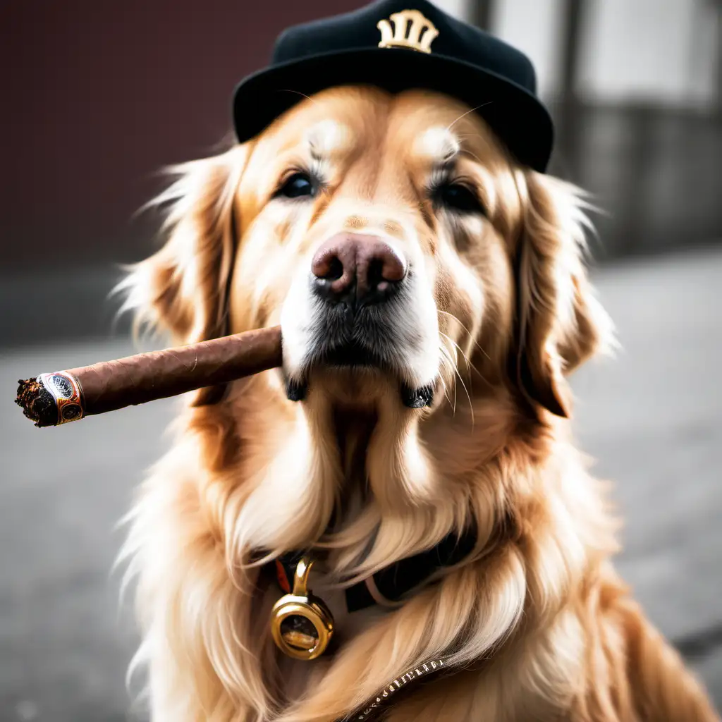 golden retriever smoking cigar, looking like a gangster and enjoying his life