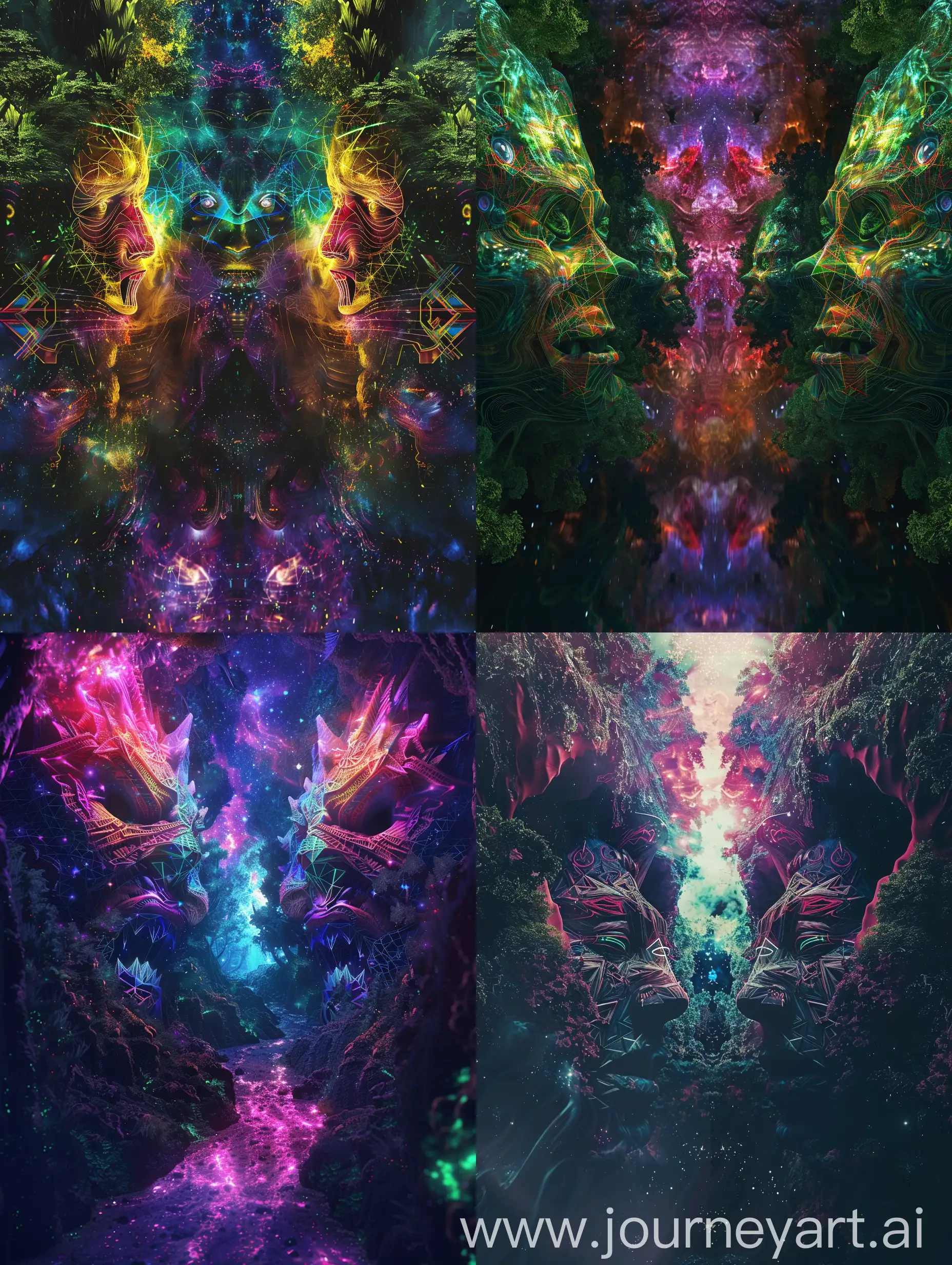 Dark forest jungle with moutions with galxy hols both side 3d Gothic tribal demons faces with goematric patterns, exploring an abstract universe filled with vibrant neon color's , nebulous formations, exuding a sense of joy