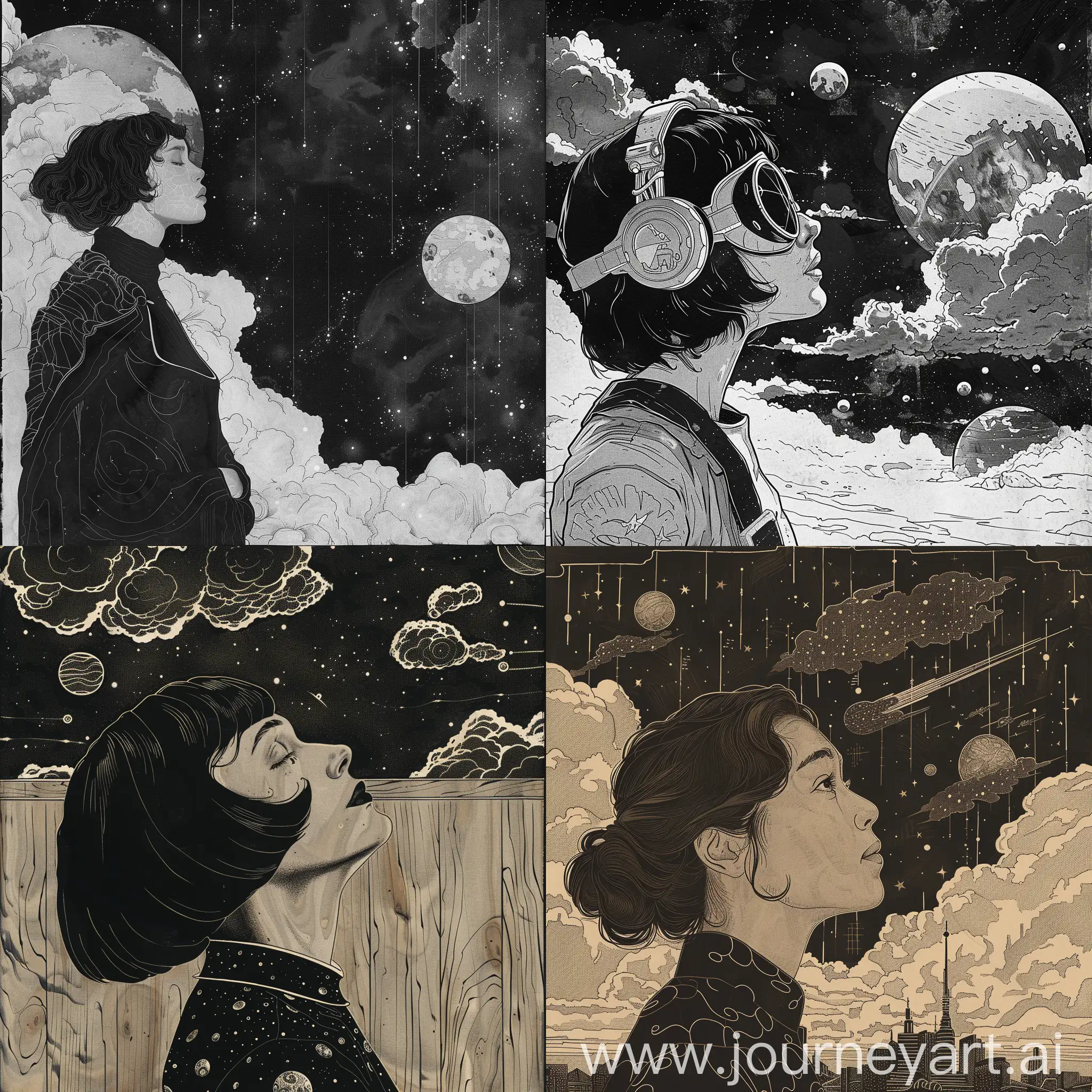 Woman in the style of detailed science fiction illustrations, trace monotone, high contrast, detailed skies, sophisticated woodblock, criterion collection, cosmic symbolism