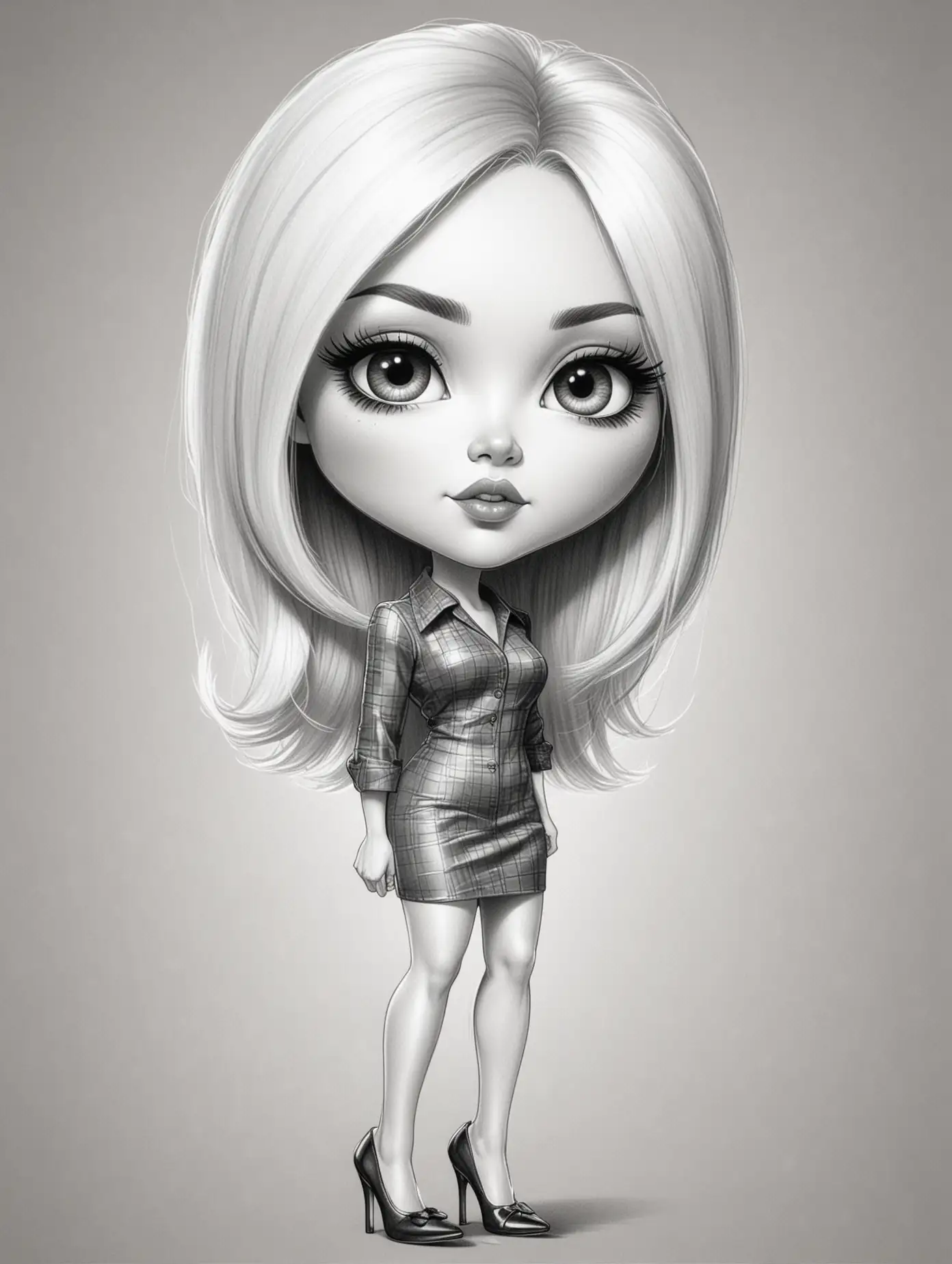 Black and white pencil drawn caricature of a beautiful grown-up woman, chibi style, with long straight white hair in a short bob, almond eyes, pointy chin, she is dressed in 1970s disco diva style, high heels, full length, she looks serious