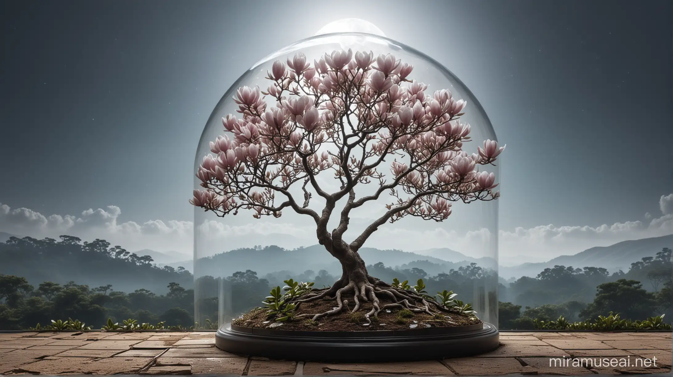 Magnolia tree under glass dome. Background moon landscape.