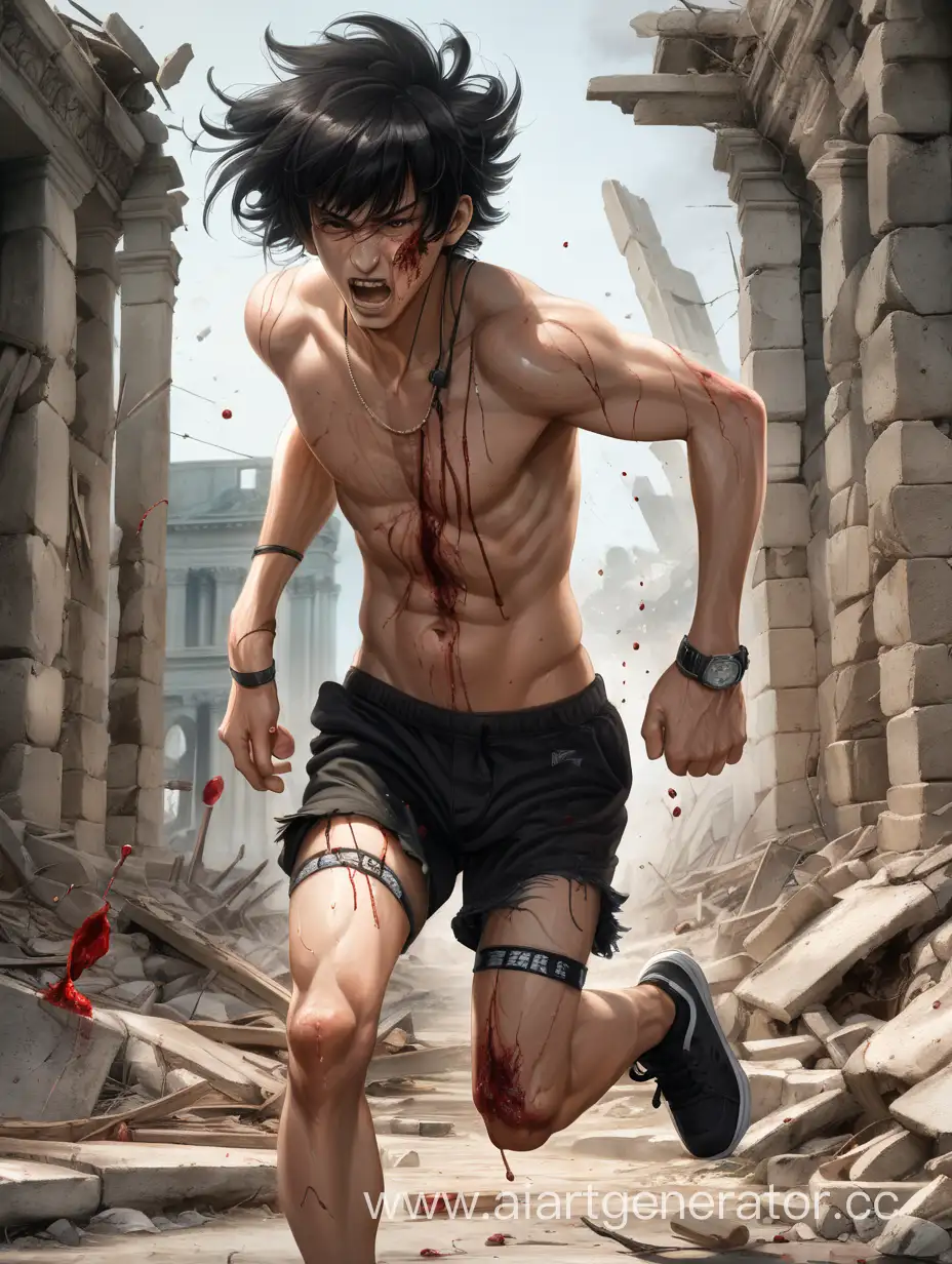 Injured-Man-in-Black-Shorts-Running-Through-Ruins