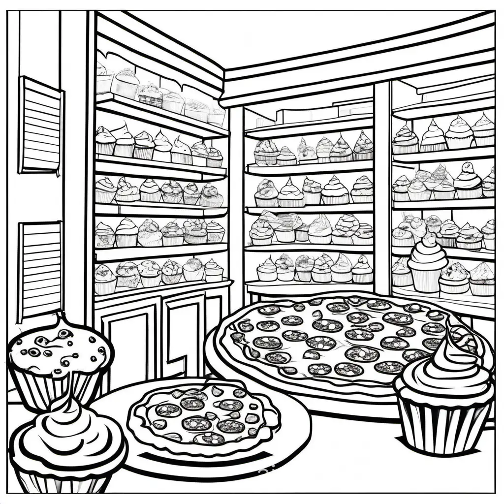 pizza, swimming, hotel, cupcakes, books, family, Coloring Page, black and white, line art, white background, Simplicity, Ample White Space. The background of the coloring page is plain white to make it easy for young children to color within the lines. The outlines of all the subjects are easy to distinguish, making it simple for kids to color without too much difficulty
