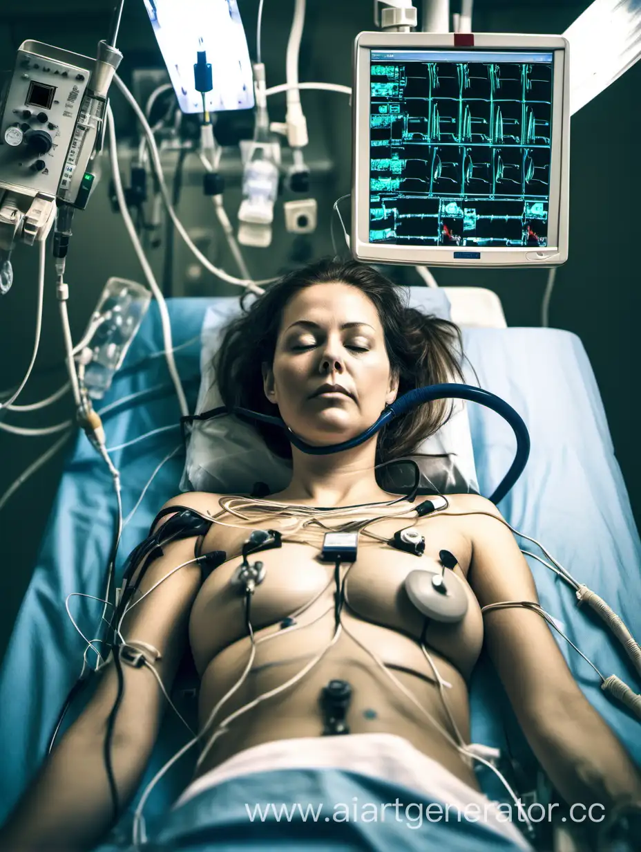 Younger Woman strapped down to the operating table in a hospital operating room. She is connected to heart monitors with at least one hundred sensors on her body, breasts, and chest, connected to wires. There are EKG sensors on her chest. She has a blood pressure cuff on her arm. She is connected to many tubes and wires. She has a natural body and is slightly overweight.