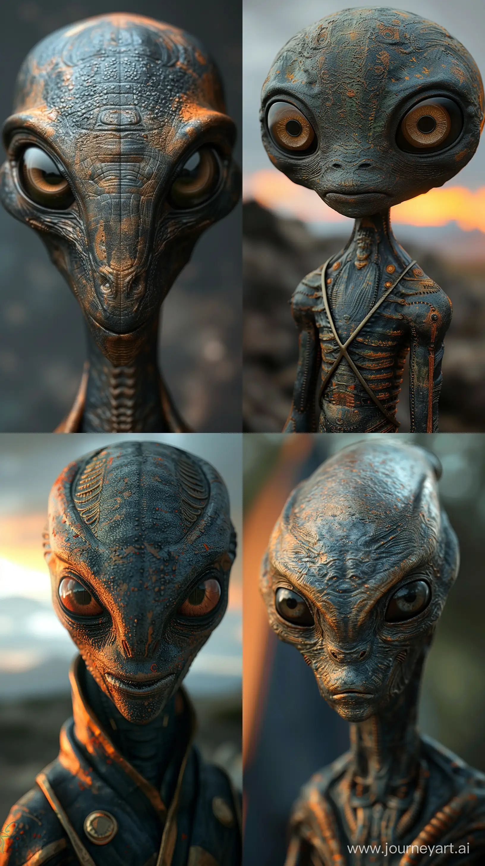 2d art of alien, in the style of textured illustrations, dark gray and bronze, online sculpture, naoto hattori, jeremy lipking, dark sky-blue and orange, intense close-ups --ar 9:16 --stylize 750 --v 6