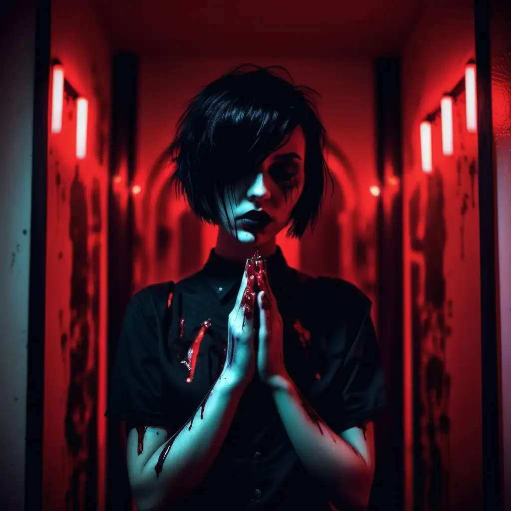 Goth girl. Short hair. Red neon lights. Hotel. Covered in blood. Praying. 