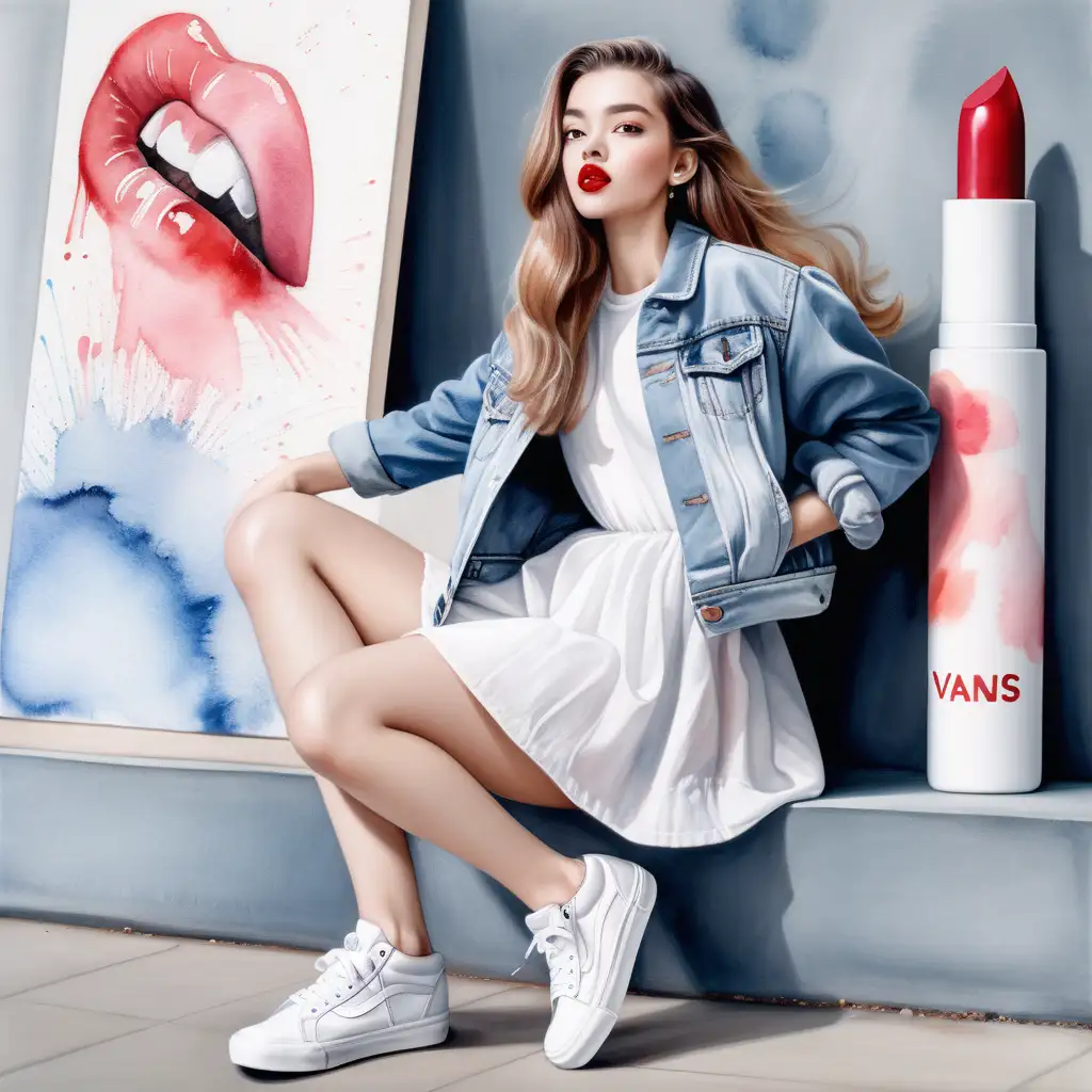 Fashionable Girl Leaning on Giant Lipstick in Watercolor