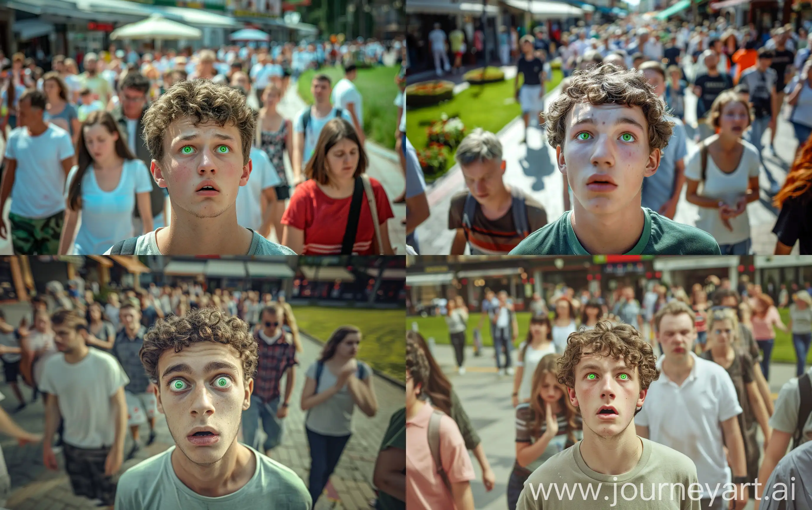 A young man with green eyes looks around amazedly, he is in a middle of many people in the crowd, they are walking with closed eyes, all the people are Europeans, urban area with shops and lawns in the background, realistic, photo Canon 18mm shot, wide view --ar 16:10 