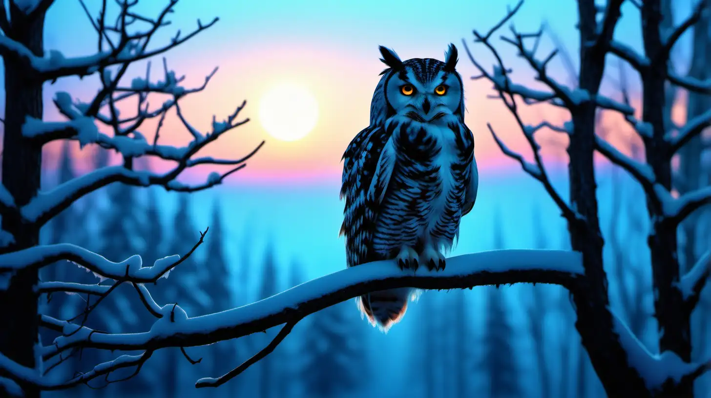 Majestic Owl Silhouetted in Snowy Forest Sunset 4K HD Volumetric Light Image