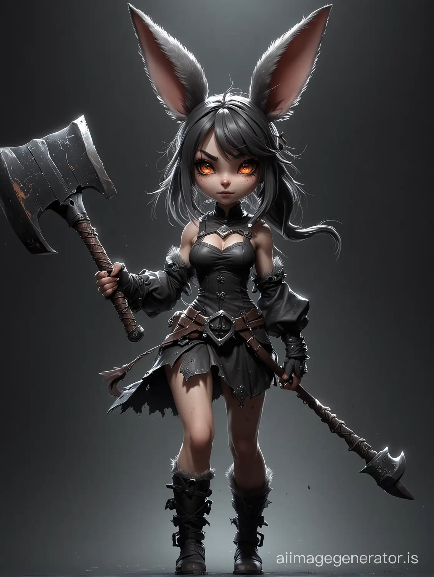 Demonic rabbit girl, with big ears, dark colors, axe in paw, 3D, rendering, HD, proportionality, vector, illustration, fantasy, anime. Ominous dark background with shimmer.