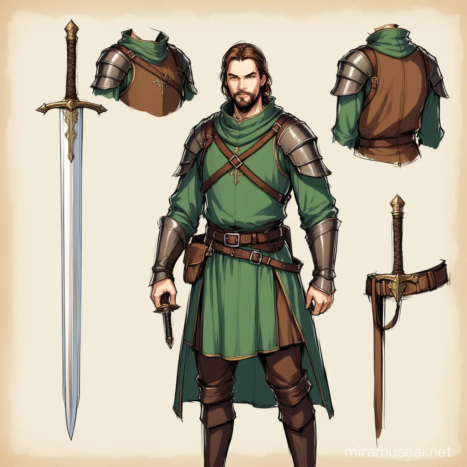 wardrobe concept art, medieval outfit, torso tunic, sword in hand and rested over shoulder, shoulder strap, leather belt