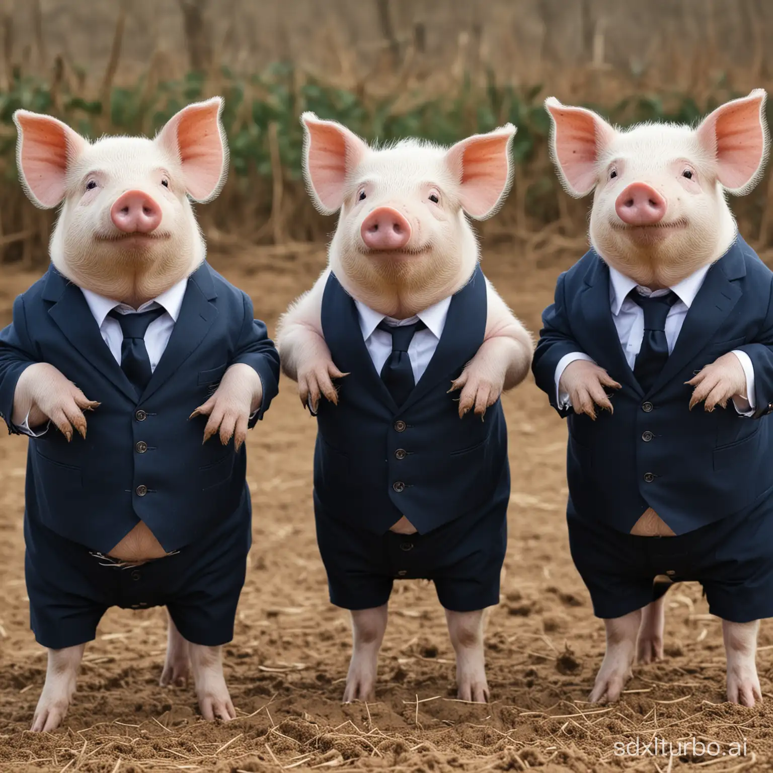 3 male pigs, standing like a human  and wear suit