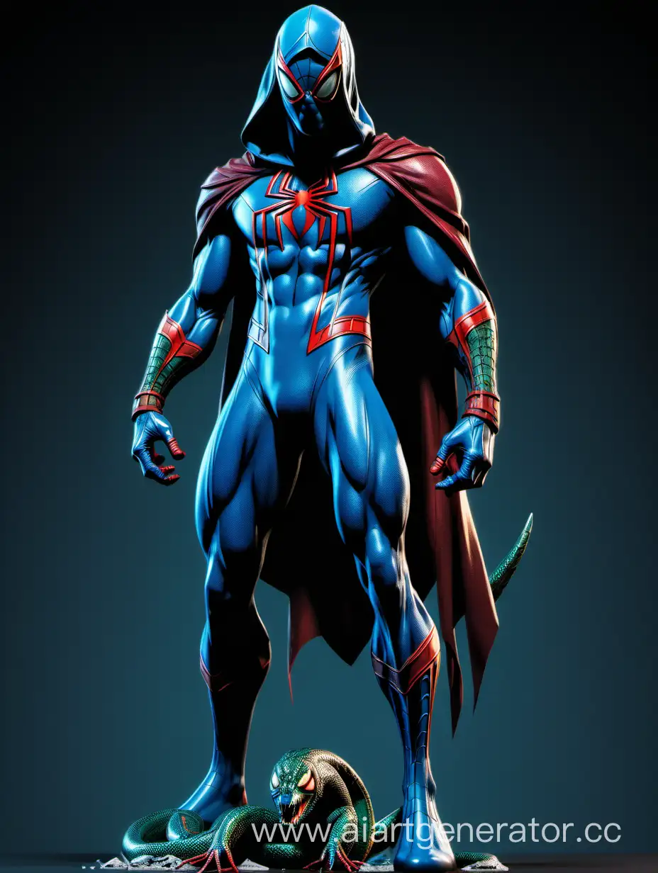 Человек паук в полный рост, синего цвета со змеиным капюшоном, с чешуёй 