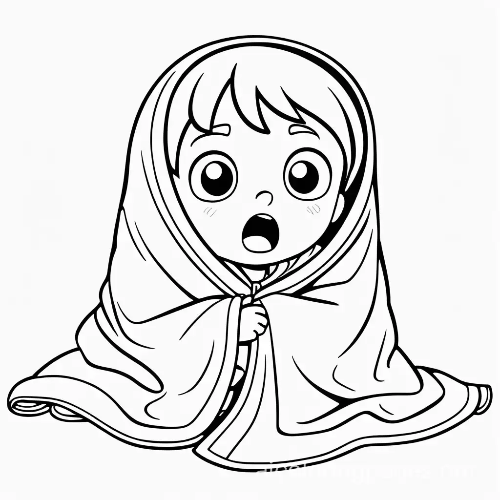 A cute version of cartoon child being scared by a loud noise and wrapping self in blanket, Coloring Page, black and white, line art, white background, Simplicity, Ample White Space. The background of the coloring page is plain white to make it easy for young children to color within the lines. The outlines of all the subjects are easy to distinguish, making it simple for kids to color without too much difficulty