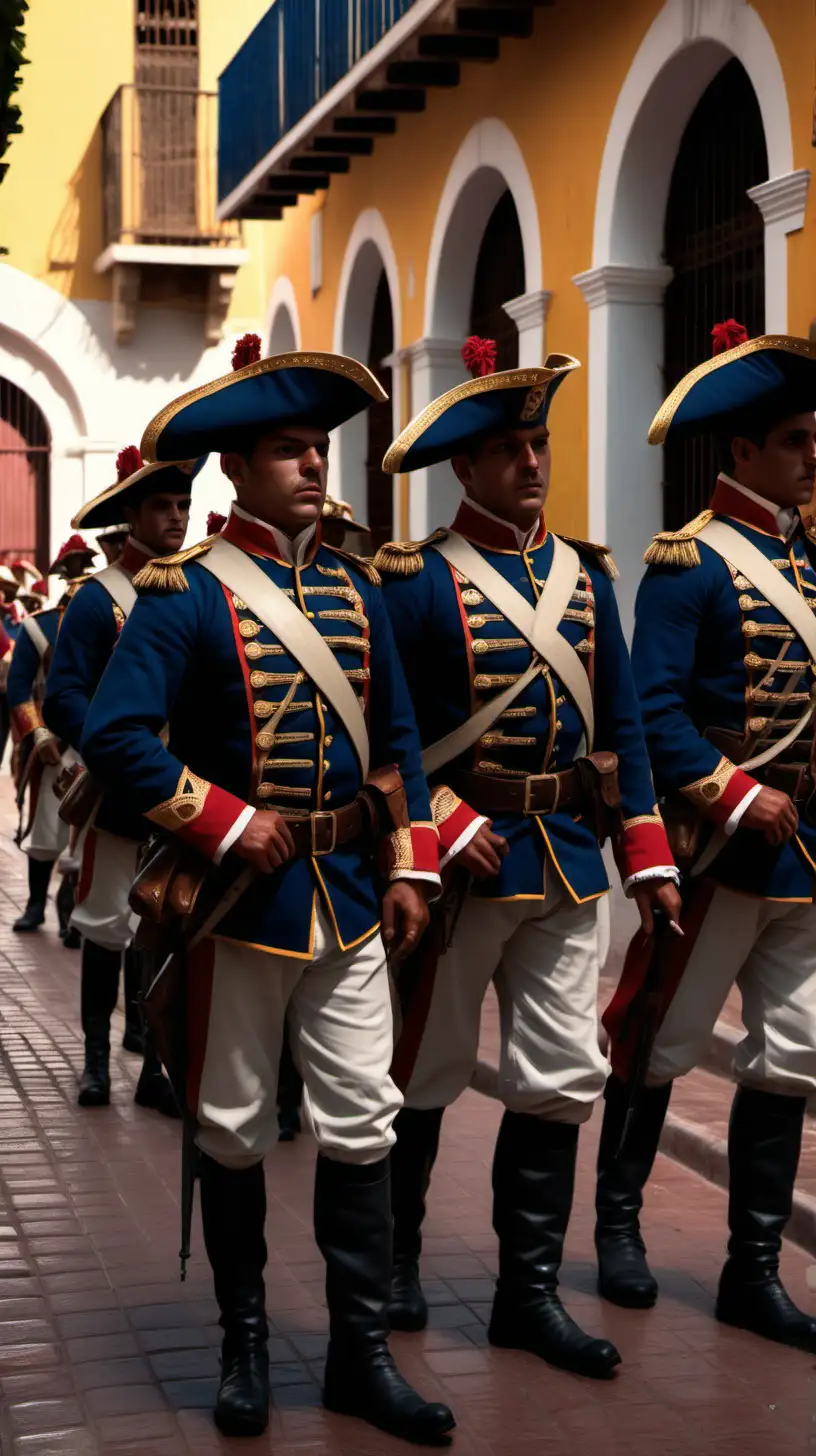 Soldados españoles en las calles de Cartagena de indias, siglo XVIII, imagen ultra realista, iluminación cinemática, alta definición, 8k 