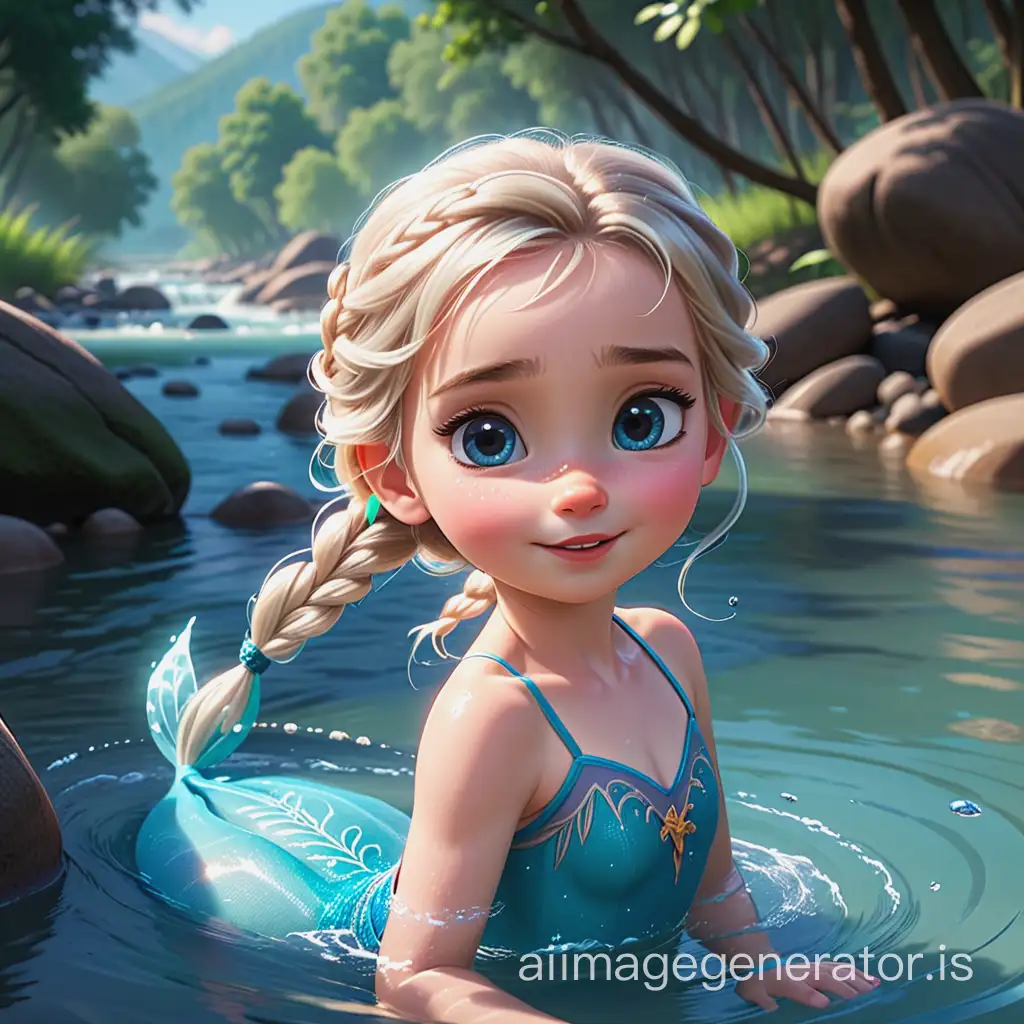 elsa , cute kid animation, swimming in the river
