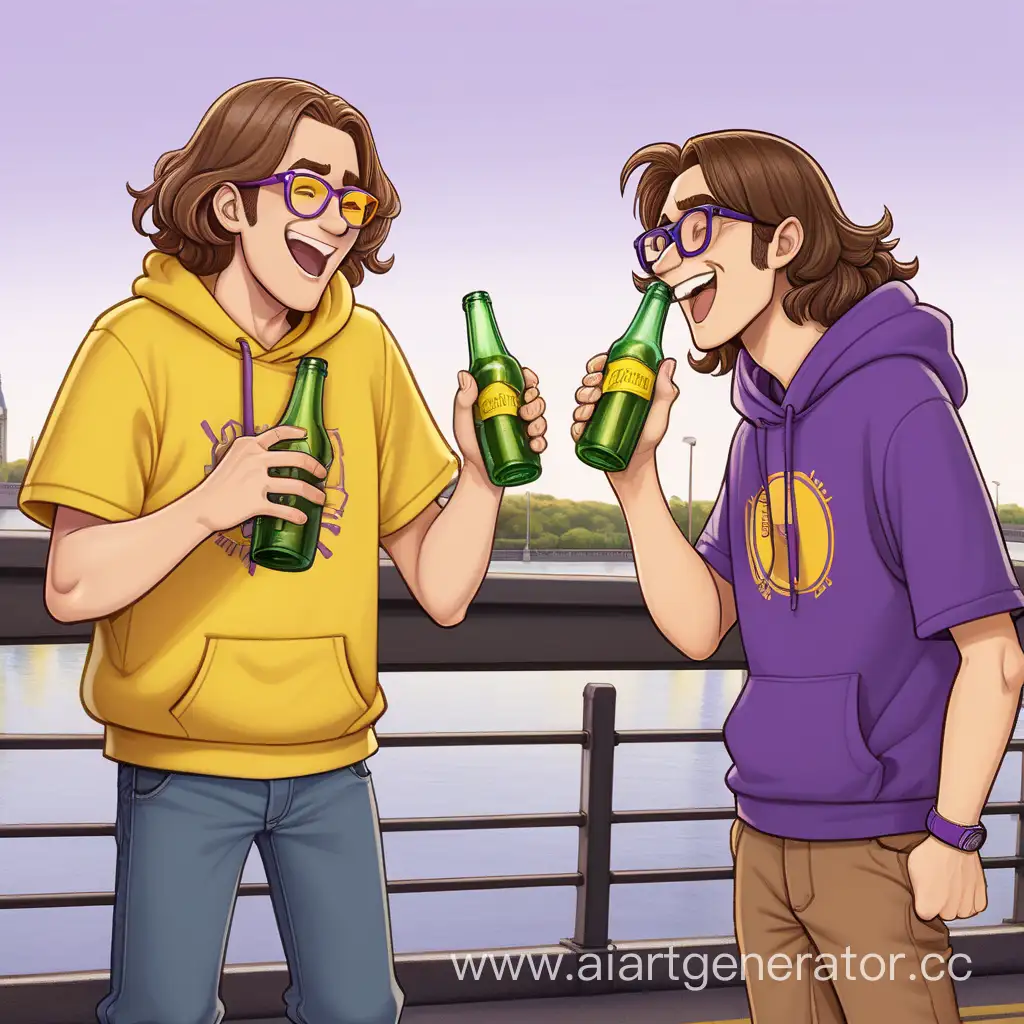 2 мультяшных парня, один в черной кофте, короткими коричневыми волосами, очками с желтыми линзами, второй в фиолетовой футболке с длинным карэ и в очках. Они пьют что-то из бутылок и смеются на мосту повернутые друг к другу