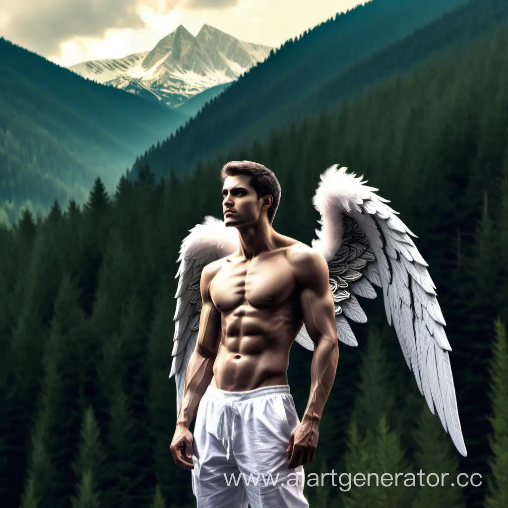 Ангел мужчина, на фоне гор и хвойного леса