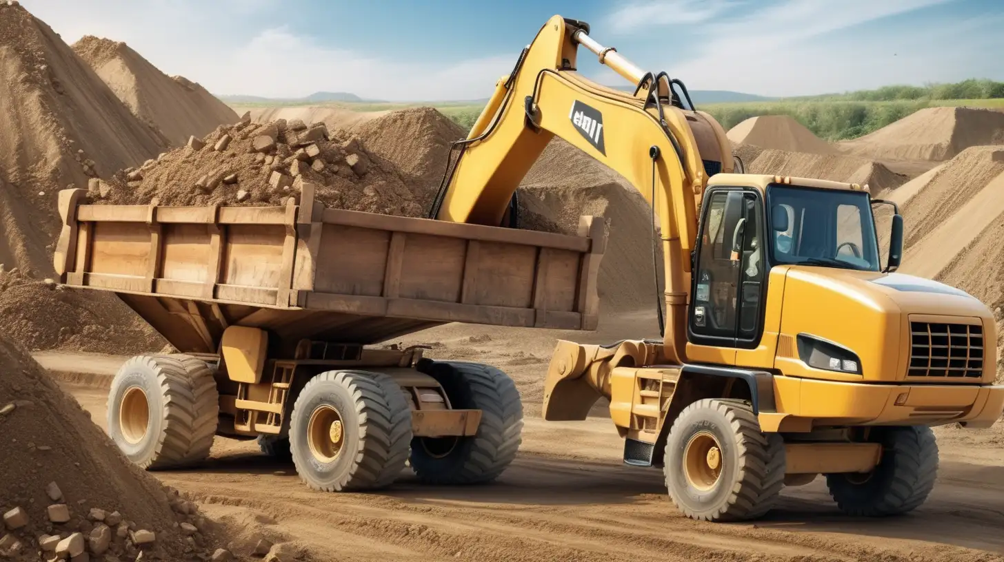 Heavy excavator fill the American Truck with the material, showing offroad and village construction environment round about