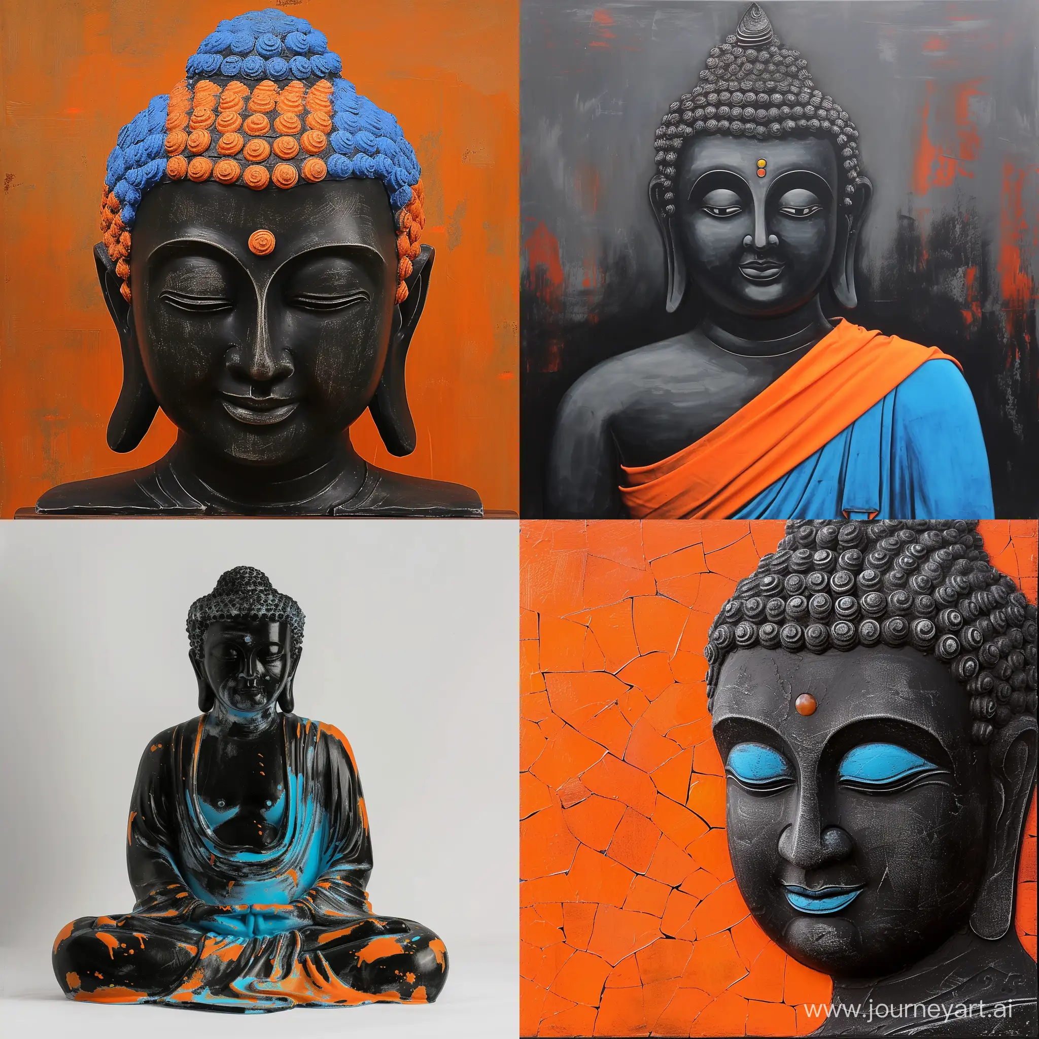 Serene-Black-Buddha-Statue-with-Vibrant-Blue-and-Orange-Accents