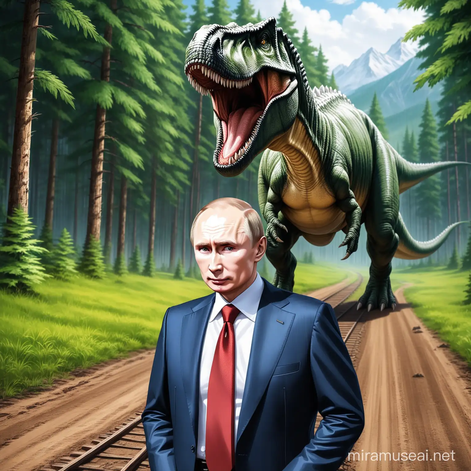 65years old real face Putin ,wear russia blue and white strips rope,was chased by a real look Tyrannosaurus Rex in the forest higher grassland junction 60 million years ago,8k,