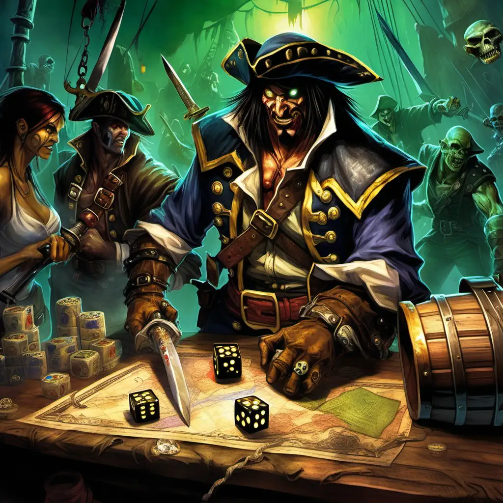 swashbuckler and defias cutthroat rolling dice over barrel with map, stacks of doubloons and pair of daggers, dice game in deadmines, world of warcraft tcg art, snake eyes