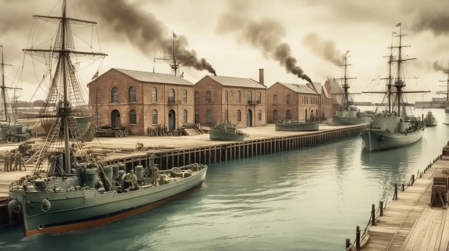 world war one military naval port, vintage look, realistic buildings, painting look, realistic colors