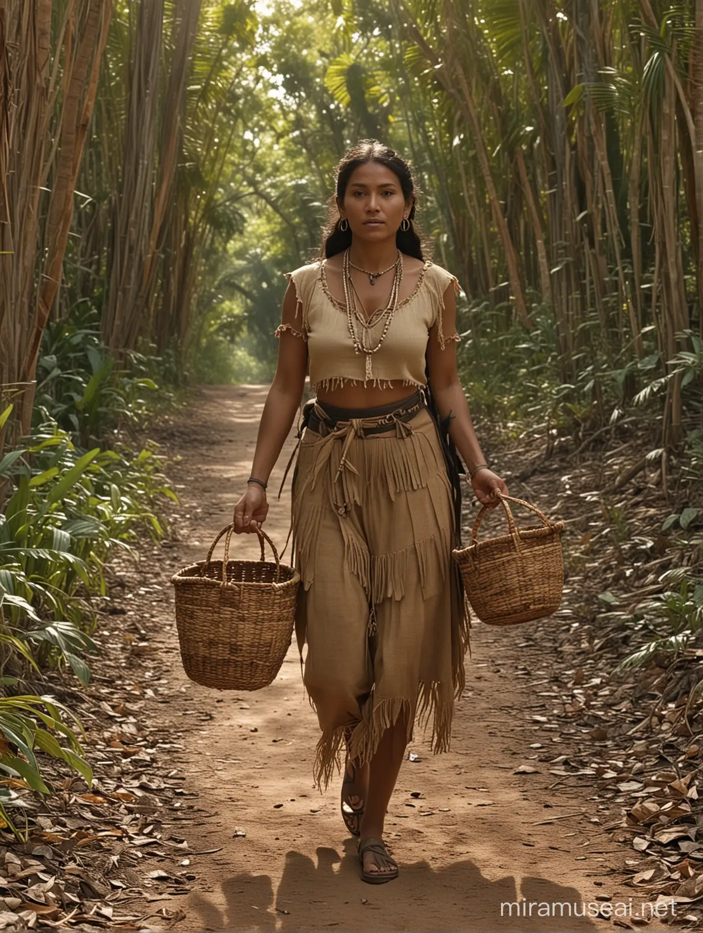 the native indian, 1800s woman is walking in the carribean forest, transports baskets in basketry, in the style of light brown and dark black, fashwave, mesoamerican influences, candid celebrity shots, uhd image, body extensions, natural beauty --ar 69:128 --s 750 --v 5. 2