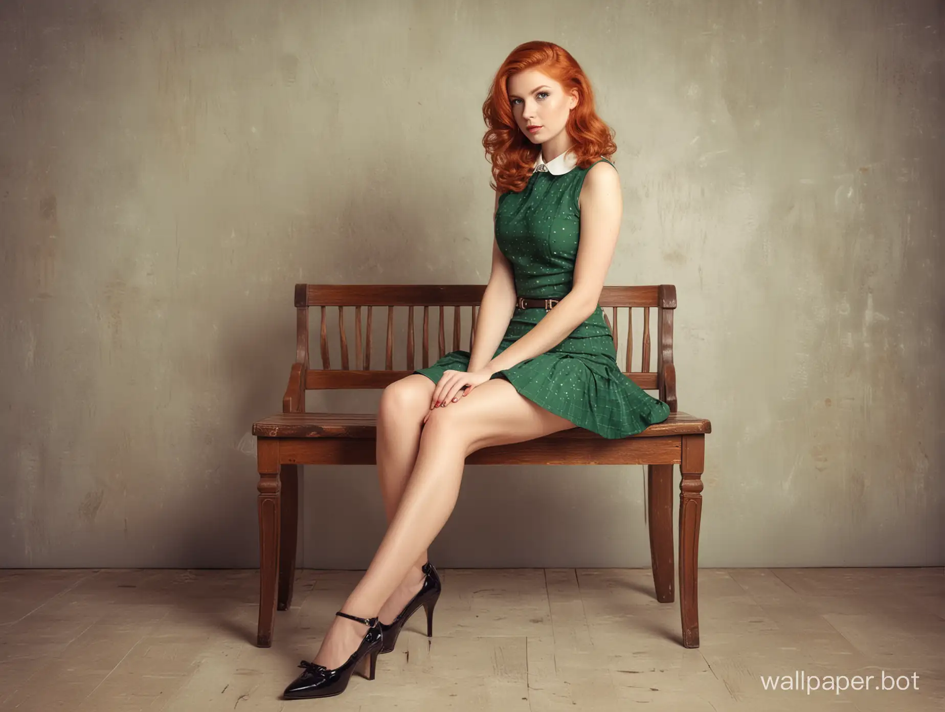 Vintage style. Young lady sit full body. Redhead with green eyes. mini skirt, high heels.