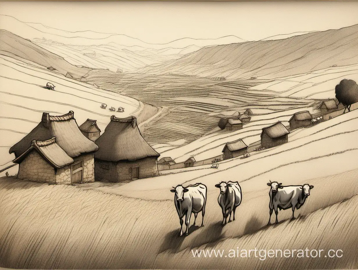 Idyllic-Steppe-Ravine-with-Stone-Houses-Vineyards-and-Grazing-Livestock