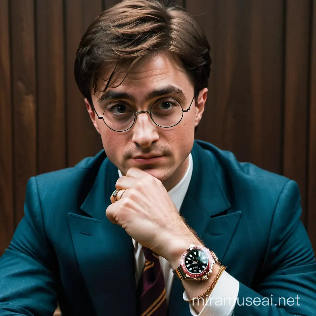 Harry Potter hält die Hand ans Kinn und trägt einen Anzug und eine große Rolex


