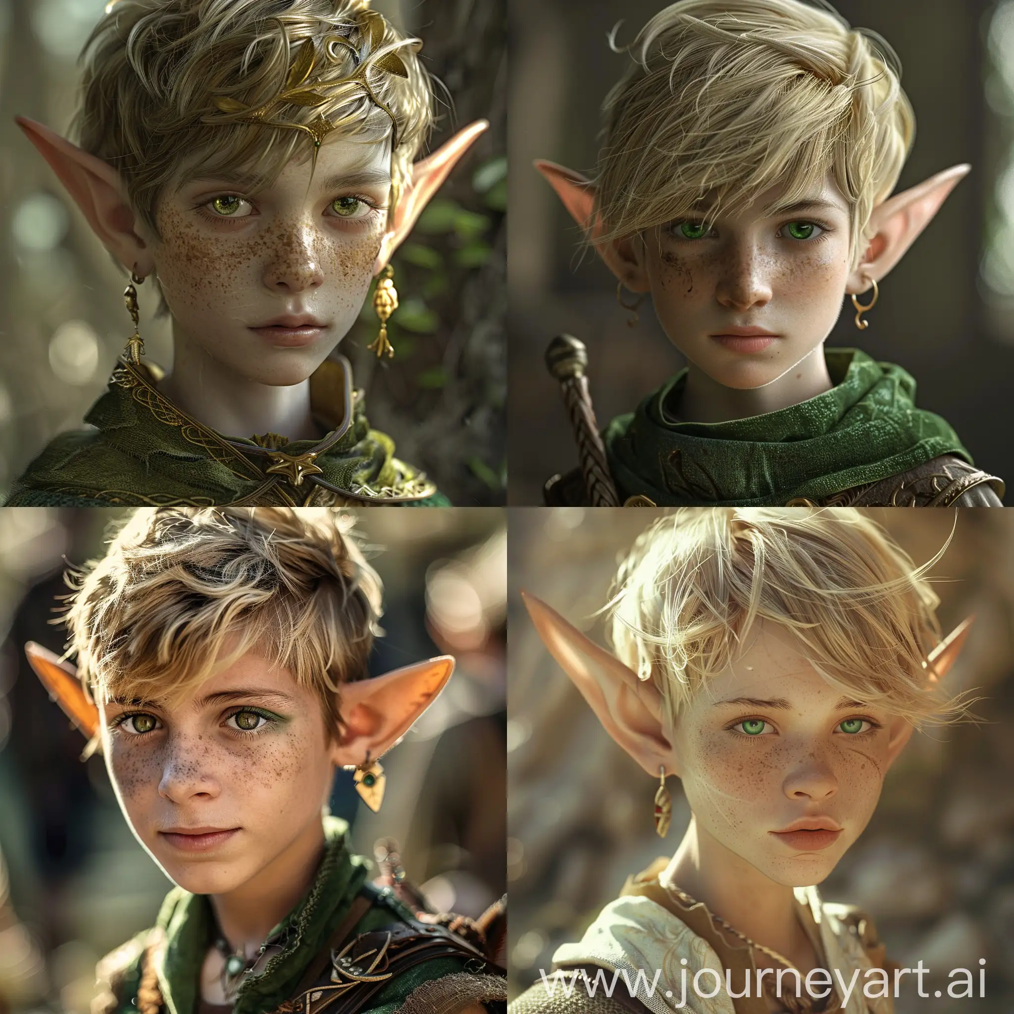 A young looking elf boy in a fantasy world, slightly more feminine face but still boy-looking, blond hair, green eyes, ussual male elf outfit
