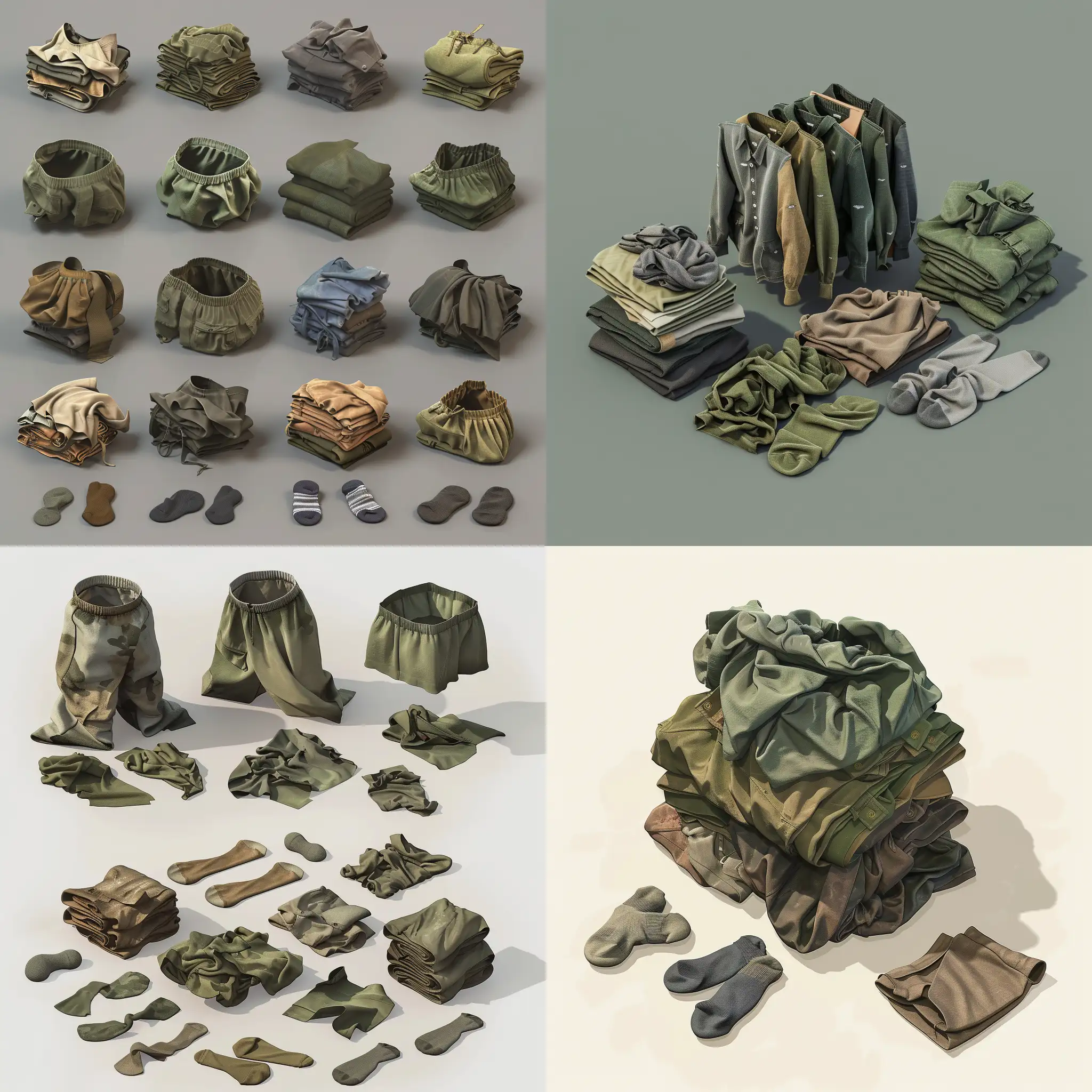 isometric set, realistic old worn military laundry small pile bunch set, socks underpants, 3d render, grim