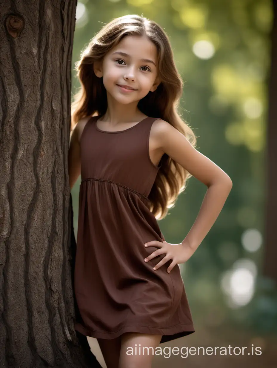 This 10-year-old girl has a slender body with graceful proportions. She has a round head with soft facial features. Her round eyes, hazel in color, radiate joy and curiosity. Her small nose is slightly upturned, giving her a friendly look. She has full, gentle lips that are often adorned with a cheerful smile. This girl's hair is long and thick, dark chestnut in color. It cascades down her back in soft waves, creating an elegant look. Her hair also has a natural shine and softness., 8K UHD, full body in image, She is in the Tree Pose.