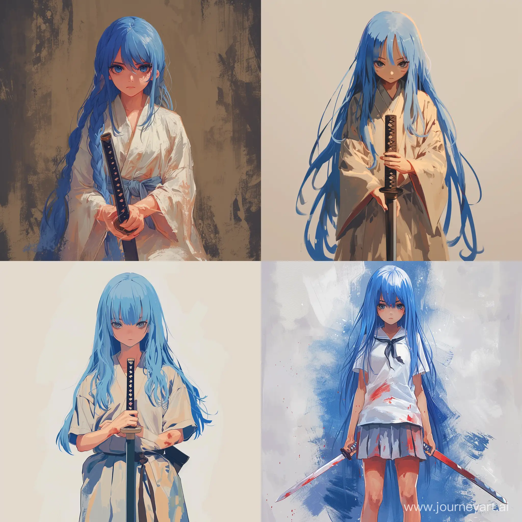 A girl painted in anime style, with a Japanese katana in her hands, with blue long hair, in ordinary clothes, minimalistic