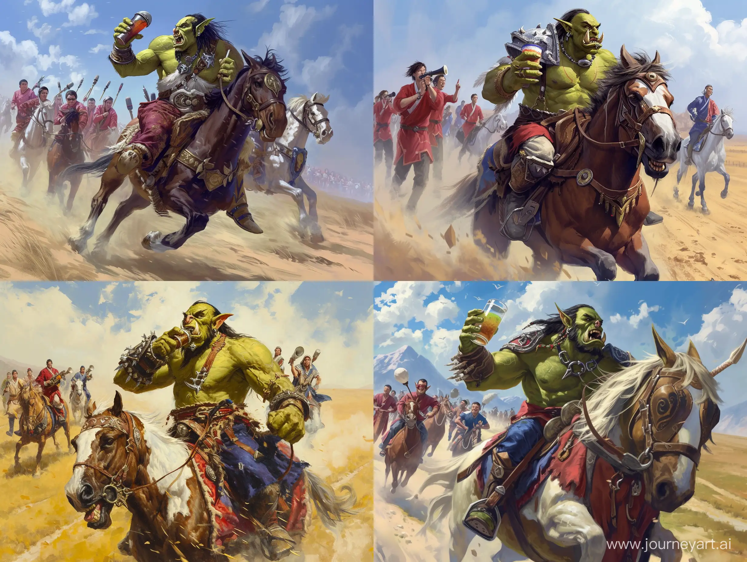 Warcraft-Orc-Riding-Kalmyk-Horse-with-Kumis-Followed-by-Asian-Entourage