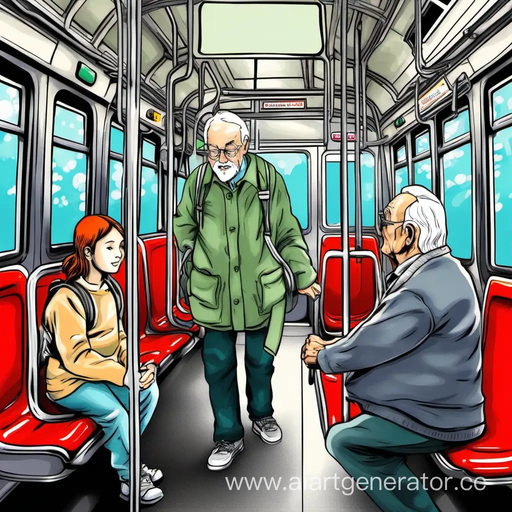 girl offers her seat to an older adult on public transport