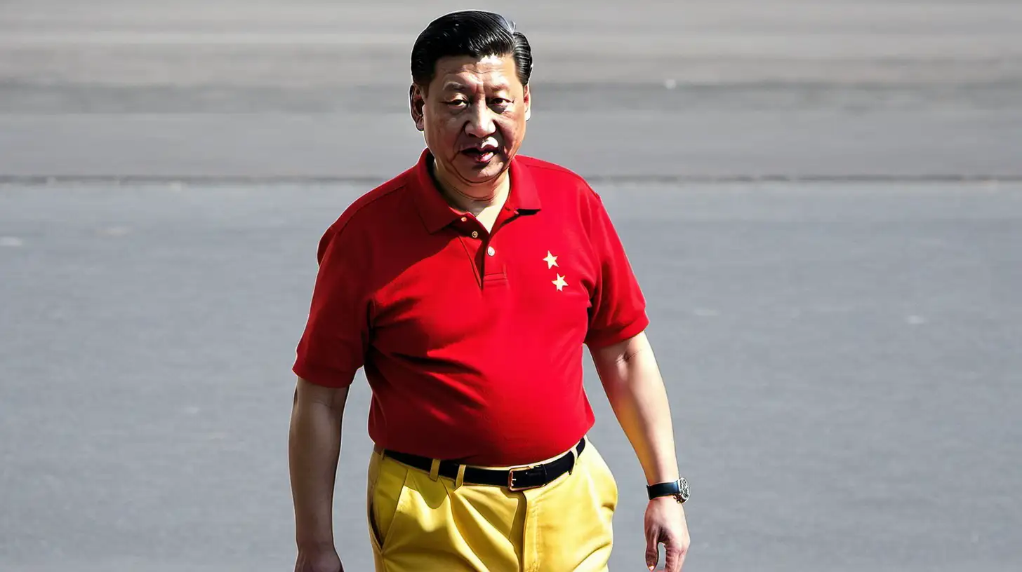 Xi Jingpin wearing a red polo shirt and yellow pants.