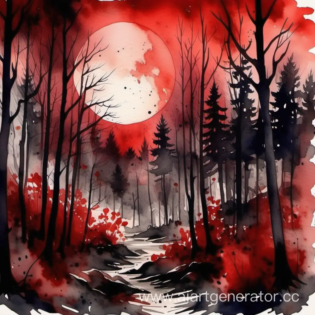 Мрачный лес акварелью  на фоне красной луны