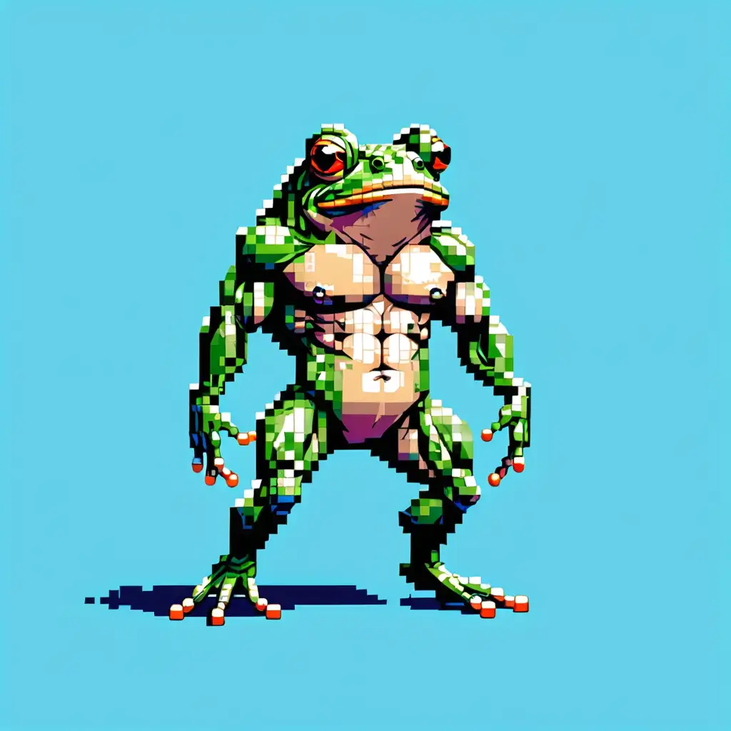 Muscular Frog Bodybuilder Flexing in Vibrant Blue Setting