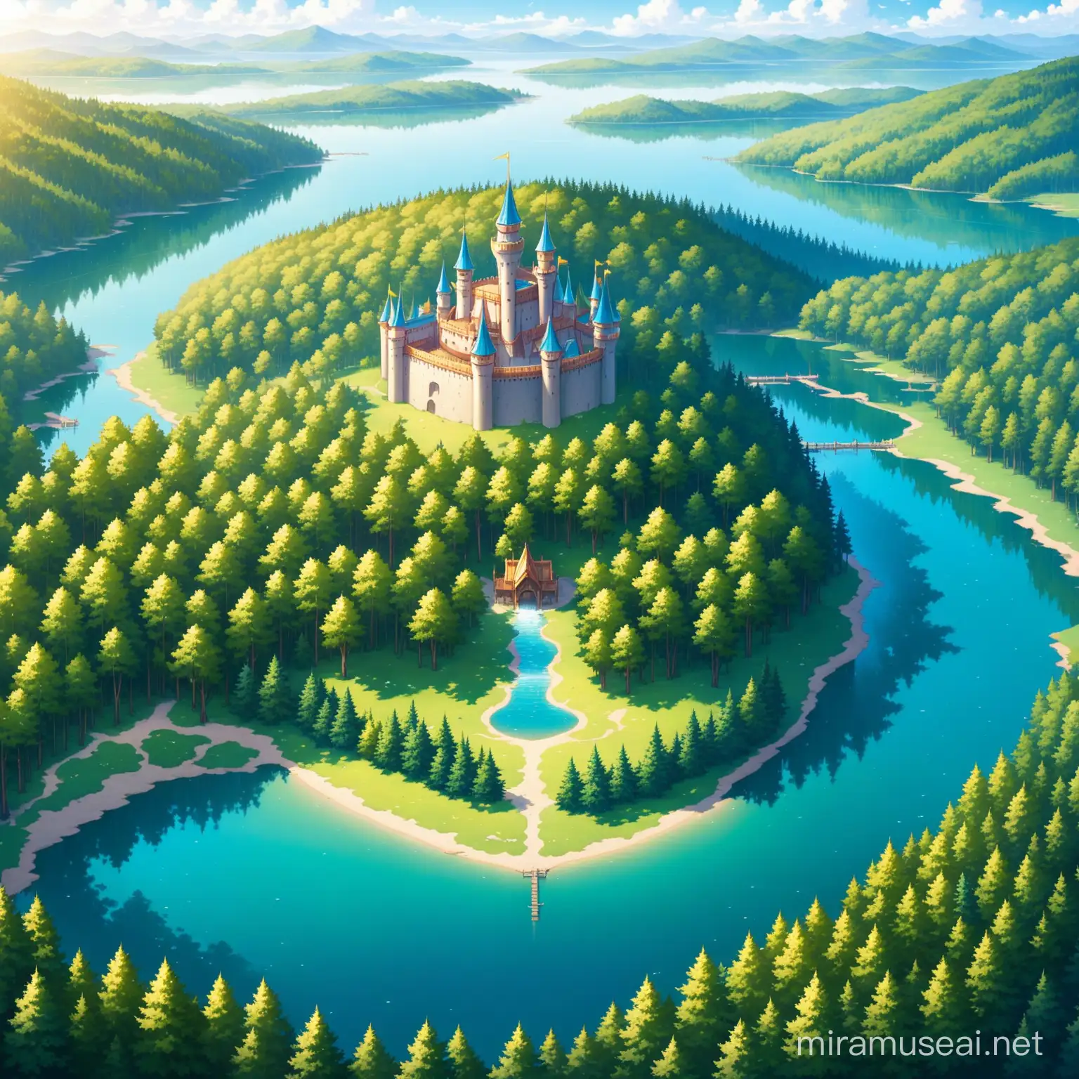 inside a kingdom with  a lake and a forest from close