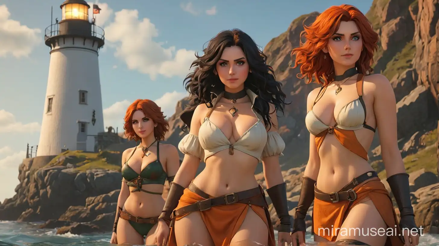 Seductive Yennefer and Triss Merigold in Sensual Orange Costumes at Lighthouse