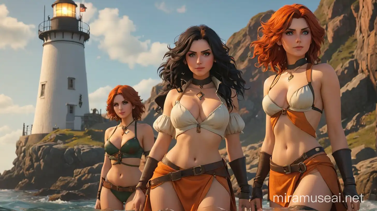 Sexy Girls, The Whitcher, Yennefer und Triss Merigold, Sexy Kostüme orange, oben ohne, Leuchtturm